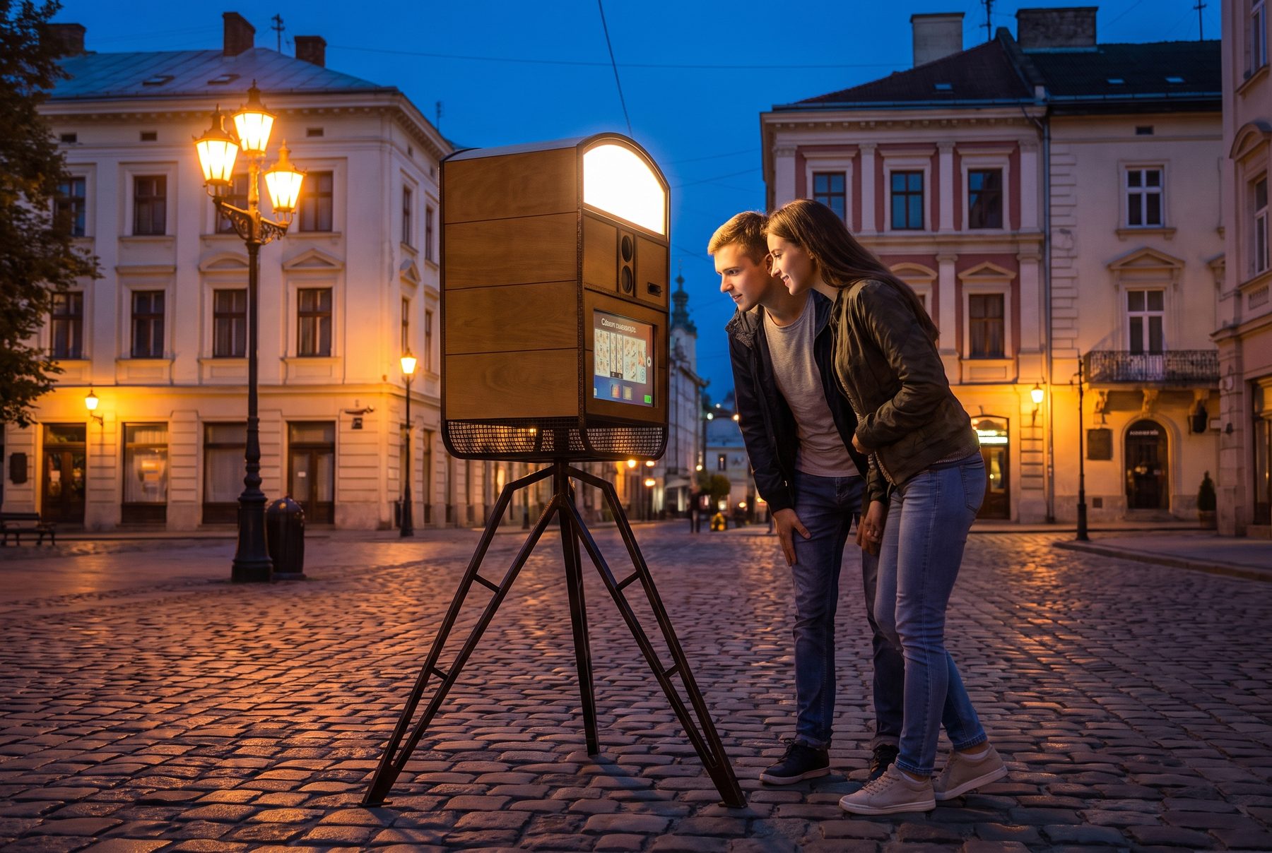 Фотобокс Retro увечері на старовинній вулиці – підсвічена арка привертає увагу